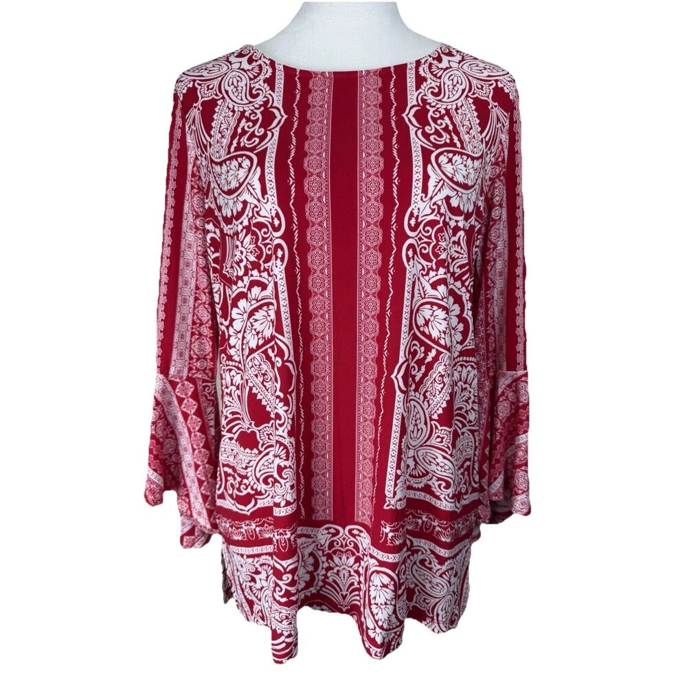 Susan Graver Liquid Knit Tunic Top Women's M Bell Sleeves Boho Classic Office